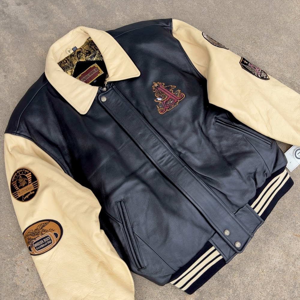 VTG Excelled Anheuser Busch Budweiser Leather Bomber Jacket Embroidered Men's L - Picture 3 of 16